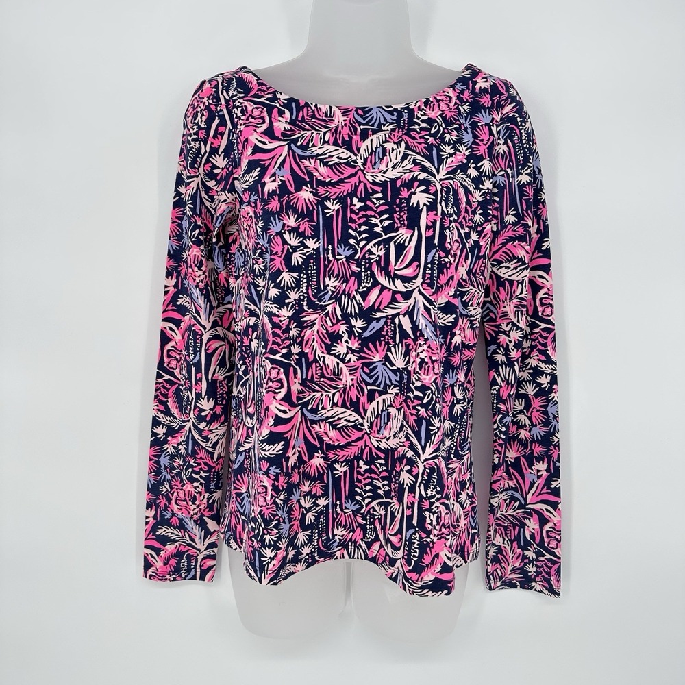 Lilly Pulitzer Sz XS Long Sleeve‎ Top Navy Pink Tropical Twist Back Cutout - Picture 3 of 6